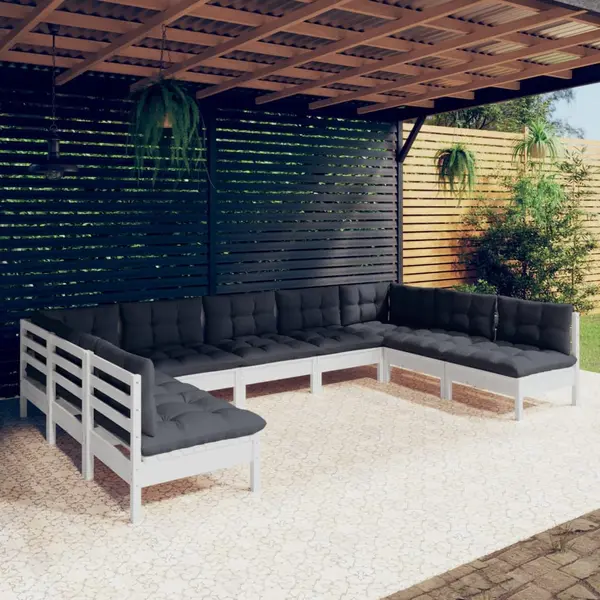 Gossi set mobilier gradina cu perne, 9 piese, alb, lemn masiv pin