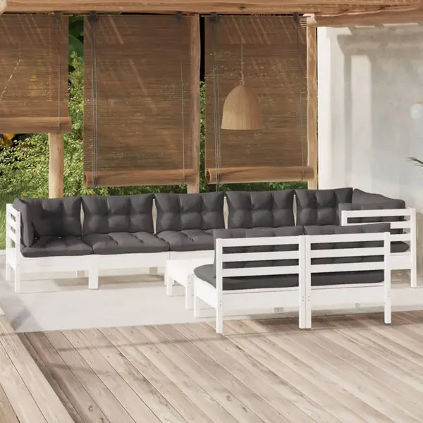 Gossi set mobilier gradina cu perne, 9 piese, alb, lemn masiv pin