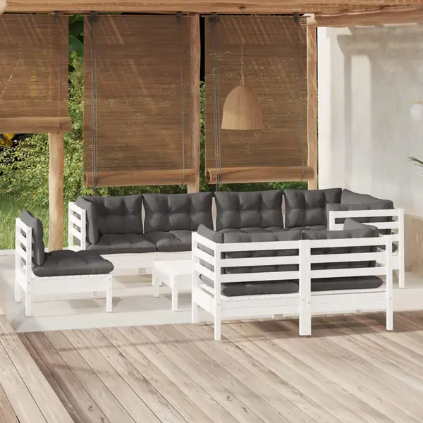 Gossi set mobilier gradina cu perne, 9 piese, alb, lemn masiv pin