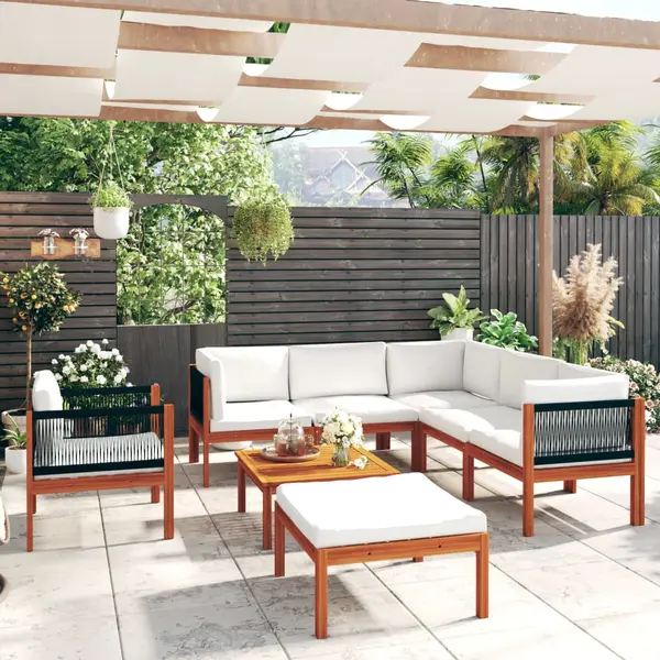 Gossi set mobilier gradina cu perne, crem, 8 piese, lemn masiv acacia