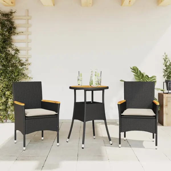 Gossi set mobilier gradina perne 3 piese negru poliratan/lemn acacia