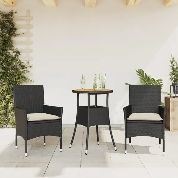 Gossi set mobilier gradina perne 3 piese negru poliratan/lemn acacia