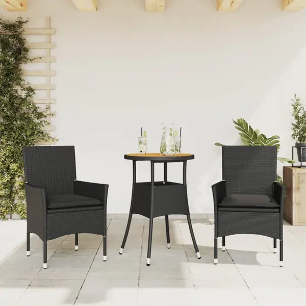 Gossi set mobilier gradina perne 3 piese negru poliratan/lemn acacia