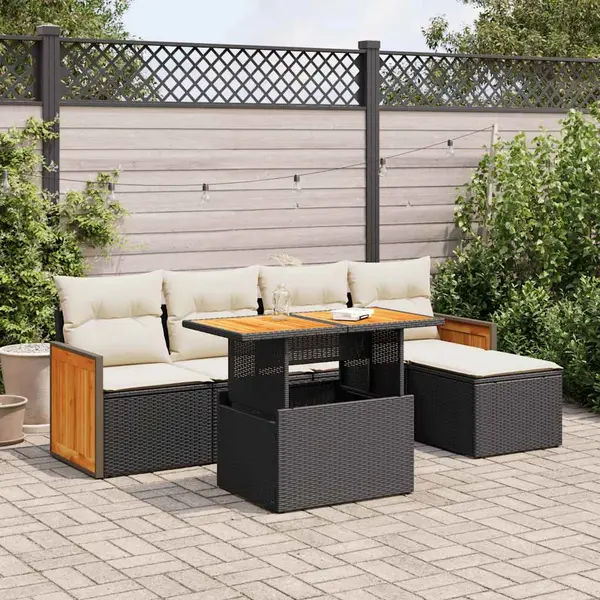 Gossi set mobilier gradina perne 6 piese negru poliratan/lemn acacia