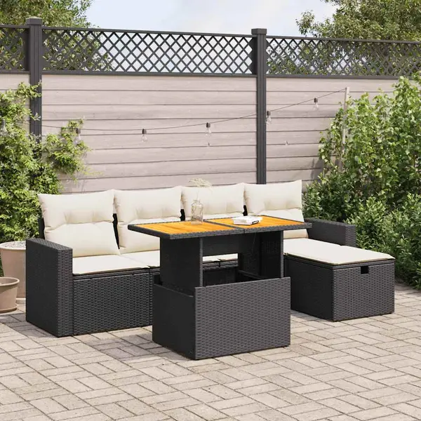 Gossi set mobilier gradina perne 6 piese negru poliratan/lemn acacia