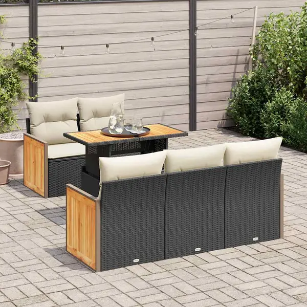 Gossi set mobilier gradina perne 6 piese negru poliratan/lemn acacia