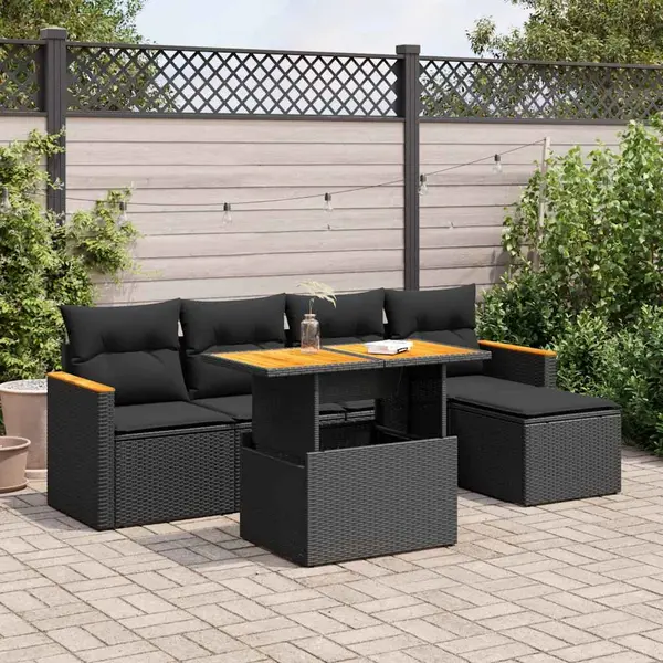 Gossi set mobilier gradina perne 6 piese negru poliratan/lemn acacia