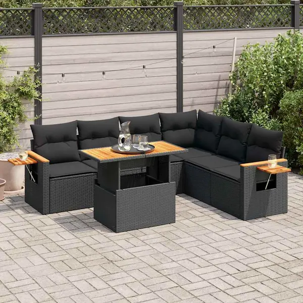 Gossi set mobilier gradina perne 6 piese negru poliratan/lemn acacia