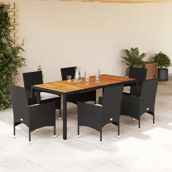 Gossi set mobilier gradina perne 7 piese negru poliratan/lemn acacia