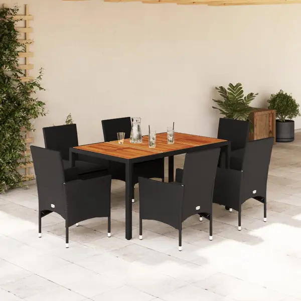 Gossi set mobilier gradina perne 7 piese negru poliratan/lemn acacia