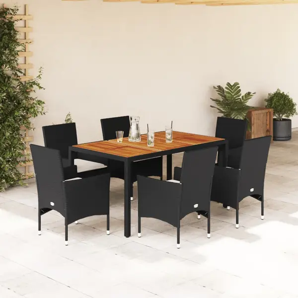 Gossi set mobilier gradina perne 7 piese negru poliratan/lemn acacia