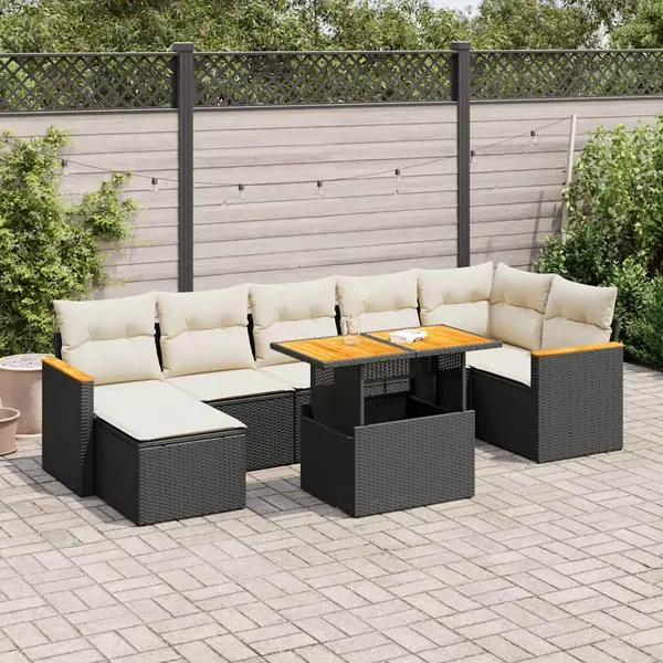 Gossi set mobilier gradina perne 8 piese negru, poliratan/lemn acacia