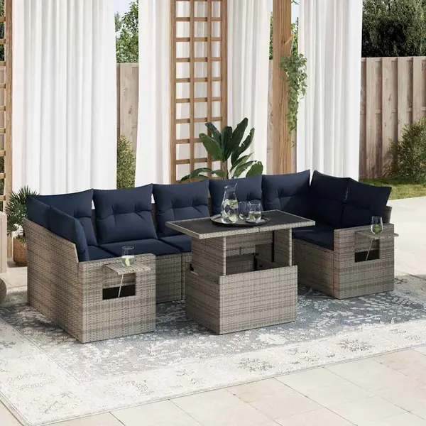 Gossi set mobilier gradina perne 8 piese negru, poliratan/lemn acacia