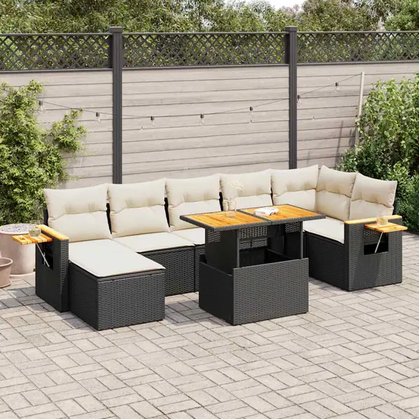 Gossi set mobilier gradina perne 8 piese negru, poliratan/lemn acacia