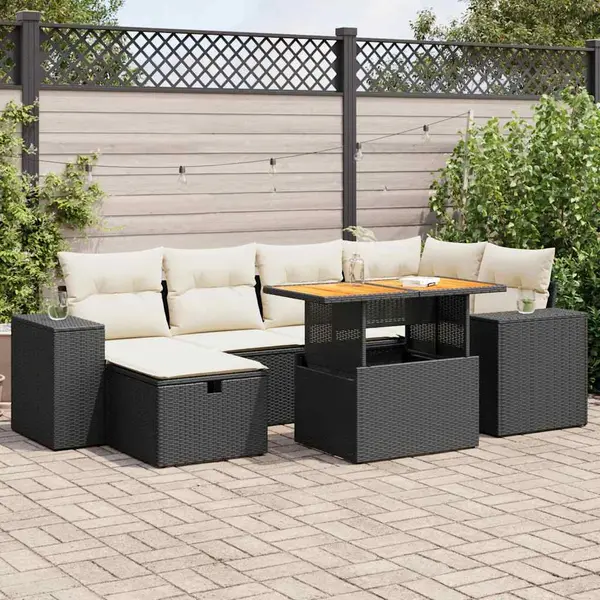 Gossi set mobilier gradina perne 8 piese negru, poliratan/lemn acacia
