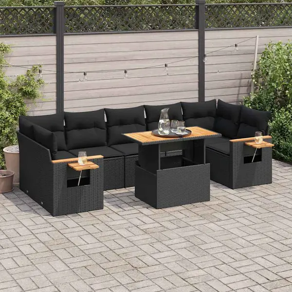 Gossi set mobilier gradina perne 8 piese negru, poliratan/lemn acacia