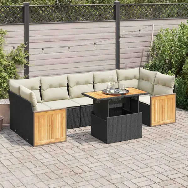 Gossi set mobilier gradina perne 8 piese negru, poliratan/lemn acacia