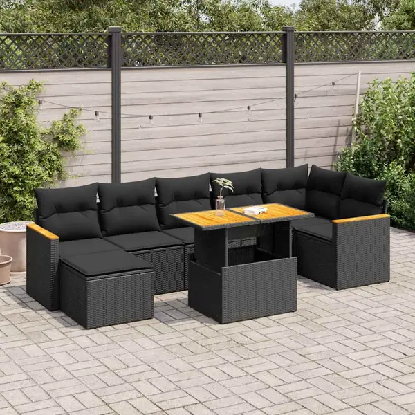 Gossi set mobilier gradina perne 8 piese negru, poliratan/lemn acacia