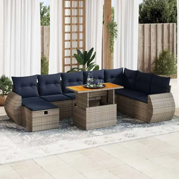 Gossi set mobilier gradina perne 9 piese negru poliratan/lemn acacia