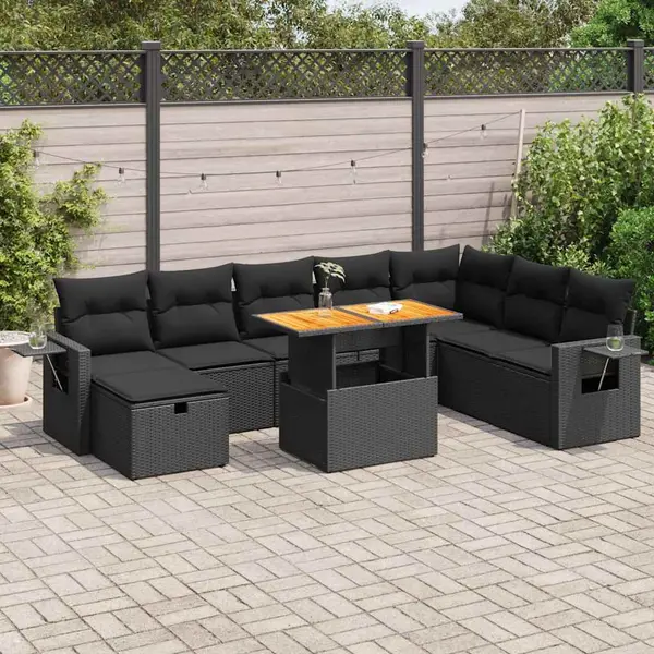 Gossi set mobilier gradina perne 9 piese negru poliratan/lemn acacia