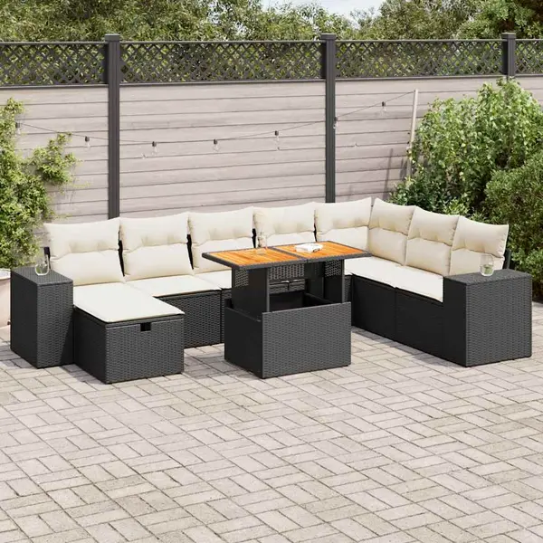 Gossi set mobilier gradina perne 9 piese negru poliratan/lemn acacia