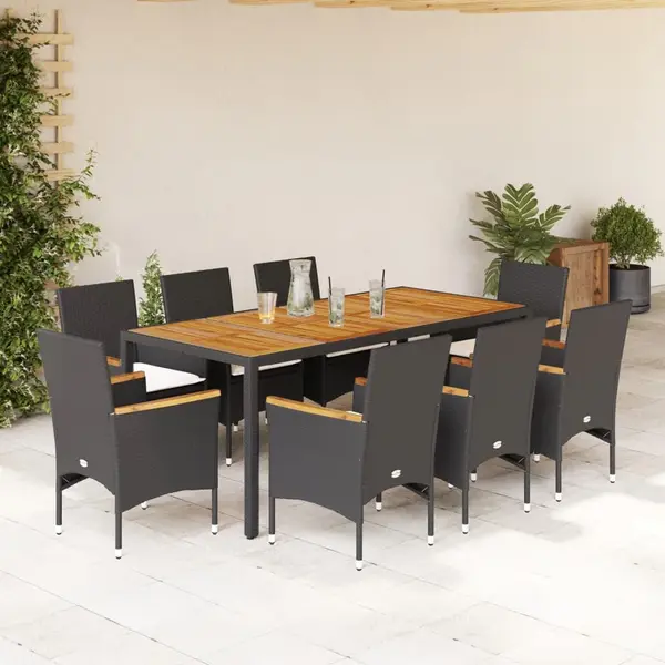 Gossi set mobilier gradina perne 9 piese negru poliratan/lemn acacia