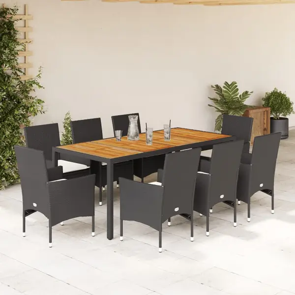 Gossi set mobilier gradina perne 9 piese negru poliratan/lemn acacia