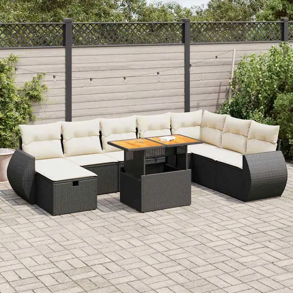 Gossi set mobilier gradina perne 9 piese negru poliratan/lemn acacia
