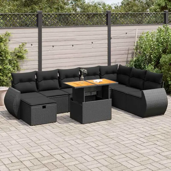 Gossi set mobilier gradina perne 9 piese negru poliratan/lemn acacia