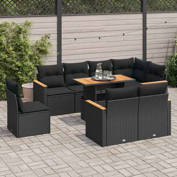 Gossi set mobilier gradina perne 9 piese negru poliratan/lemn acacia
