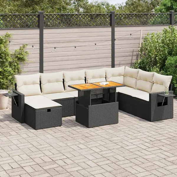 Gossi set mobilier gradina perne 9 piese negru poliratan/lemn acacia