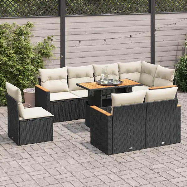 Gossi set mobilier gradina perne 9 piese negru poliratan/lemn acacia