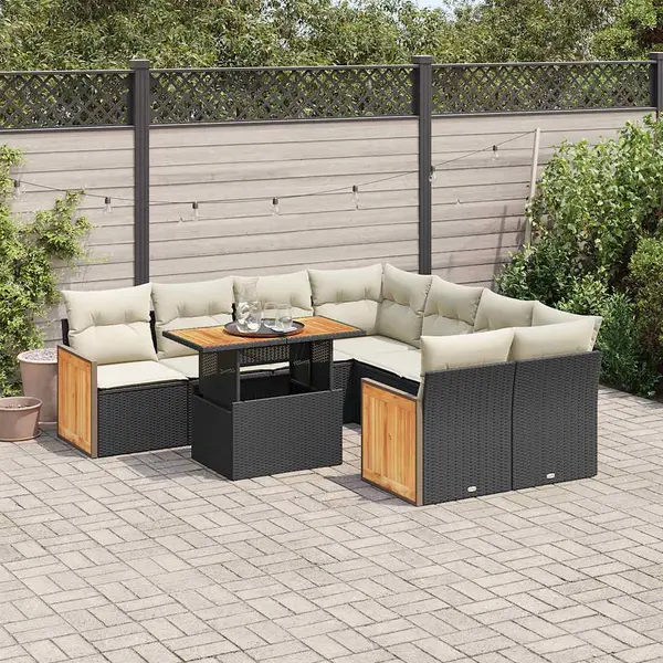 Gossi set mobilier gradina perne 9 piese negru poliratan/lemn acacia