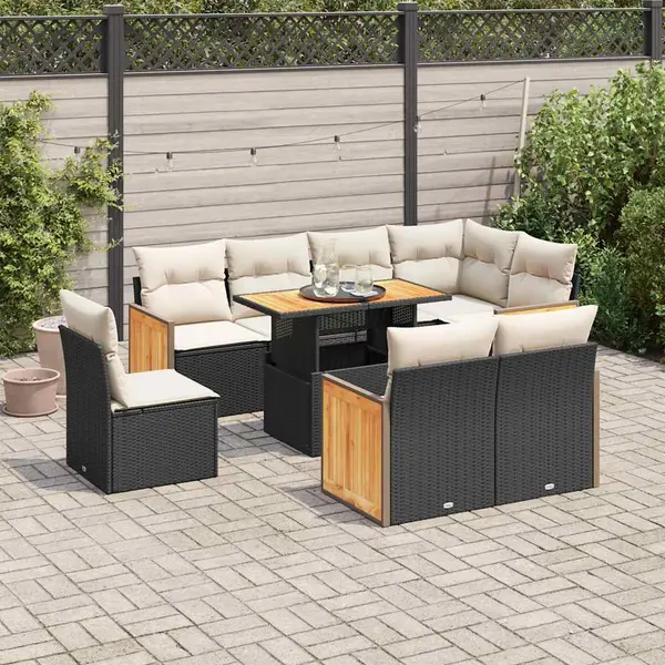 Gossi set mobilier gradina perne 9 piese negru poliratan/lemn acacia
