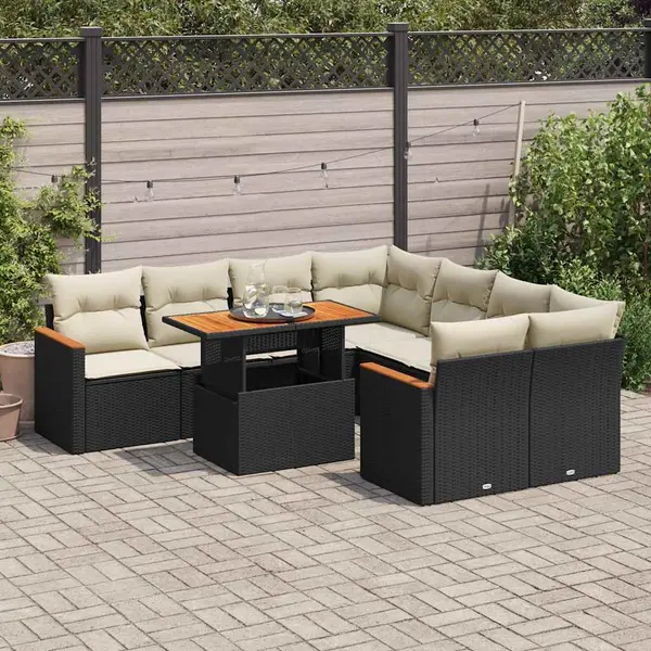 Gossi set mobilier gradina perne 9 piese negru poliratan/lemn acacia