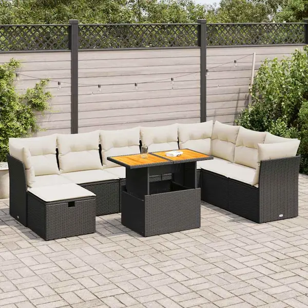 Gossi set mobilier gradina perne 9 piese negru poliratan/lemn acacia