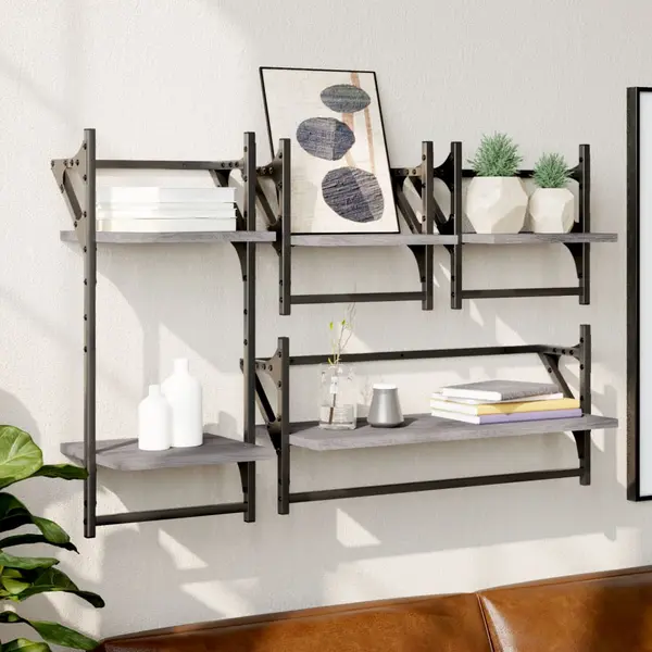 Gossi set rafturi perete cu bare, 4 buc., gri sonoma, lemn prelucrat