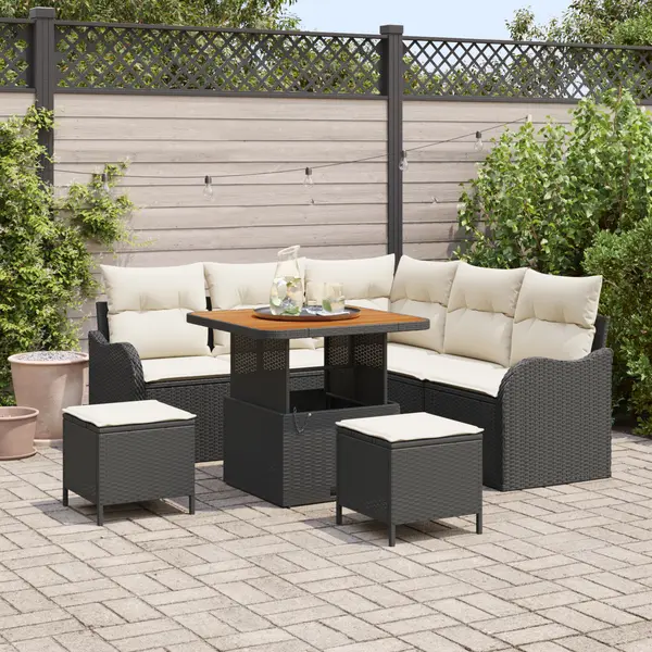 Gossi set sofa gradina 8 piese cu perne ratan poli negru acacia