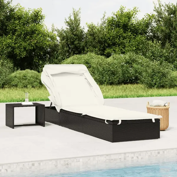 Gossi sezlong cu acoperis pliabil, negru, 213x63x97 cm, poliratan