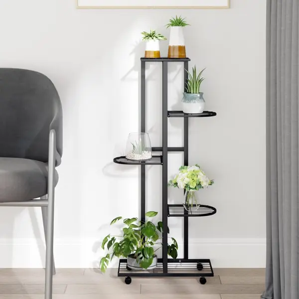 Gossi suport de flori cu 5 etaje, cu roti, negru, 44x23x100 cm, fier