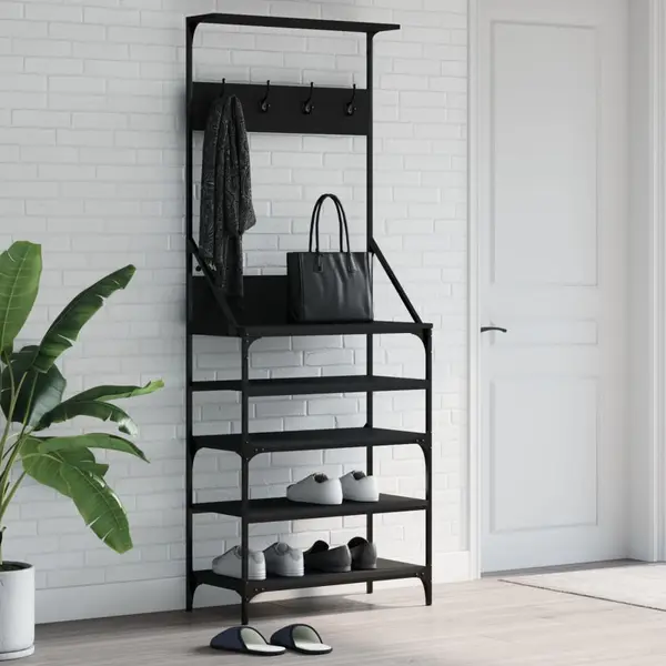 Gossi suport de haine cu raft de pantofi, negru, 70x34x184 cm