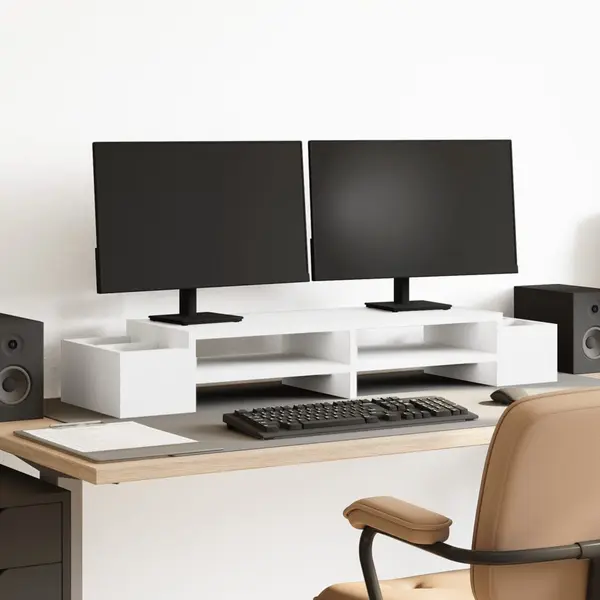 Gossi suport monitor cu depozitare, alb, 100x27x15 cm, lemn prelucrat