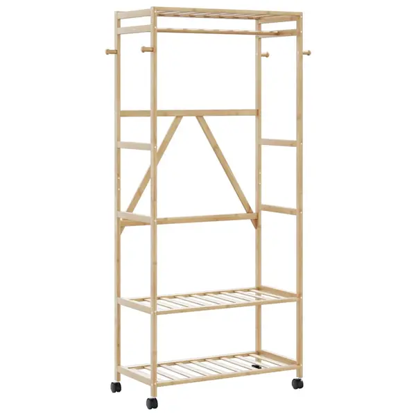 Gossi suport pentru haine cu rafturi si roti 90x40x179,5 cm bambus