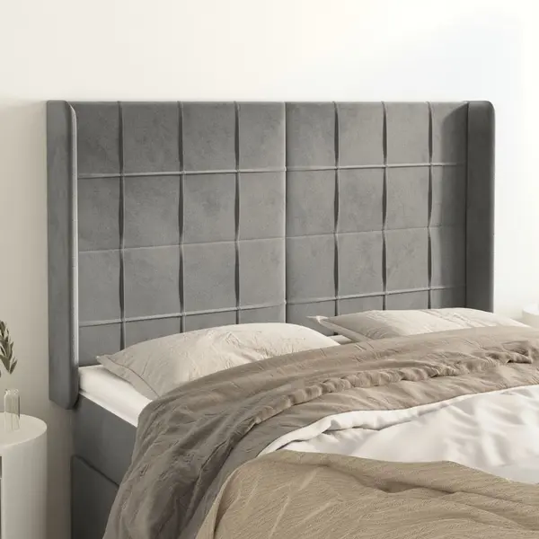Gossi tablie de pat cu aripioare gri deschis 147x16x118/128cm catifea