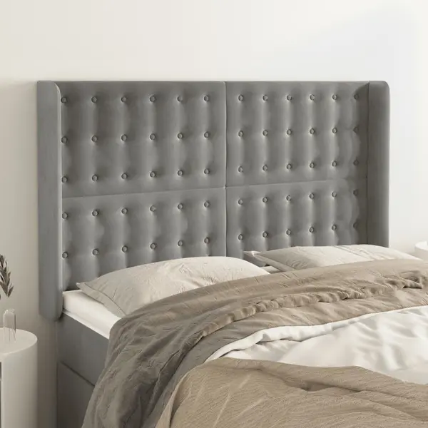 Gossi tablie de pat cu aripioare gri deschis 147x16x118/128cm catifea