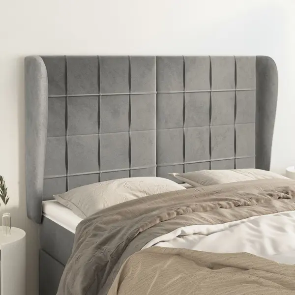 Gossi tablie de pat cu aripioare gri deschis 147x23x118/128cm catifea