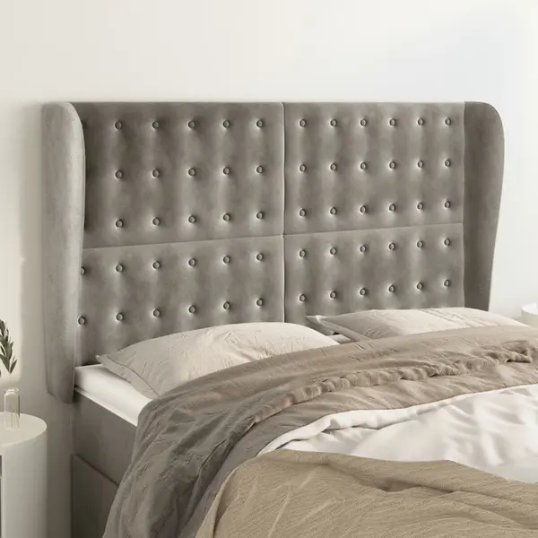 Gossi tablie de pat cu aripioare gri deschis 147x23x118/128cm catifea