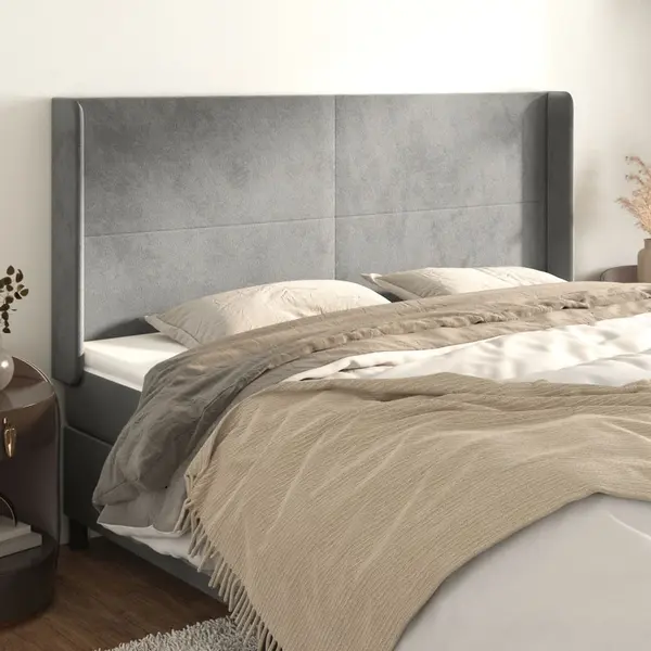 Gossi tablie de pat cu aripioare gri deschis 183x16x118/128cm catifea
