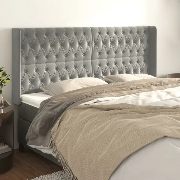 Gossi tablie de pat cu aripioare gri deschis 183x16x118/128cm catifea