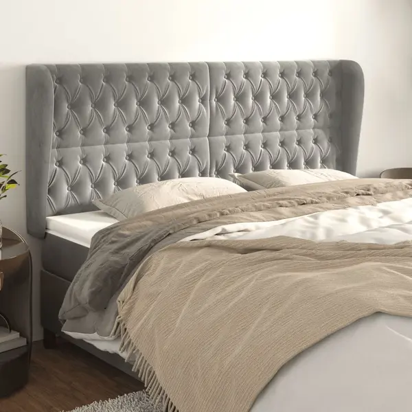 Gossi tablie de pat cu aripioare gri deschis 183x23x118/128cm catifea